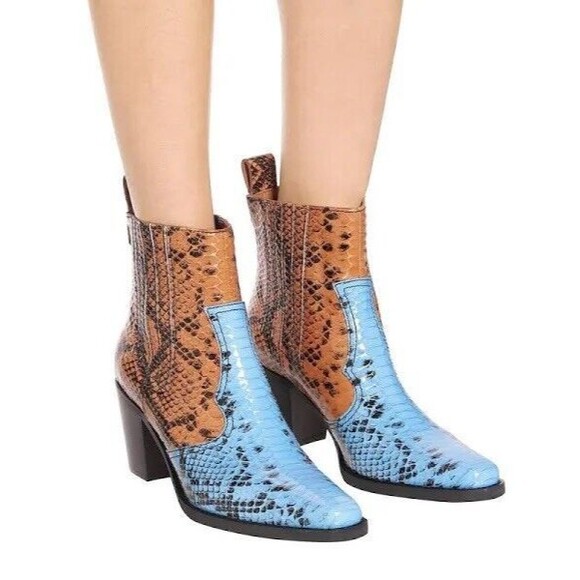 Ganni Two-tone Snake Embossed Leather Western Ankle Boots Blue Brown US 8 EUR38 - Picture 3 of 13